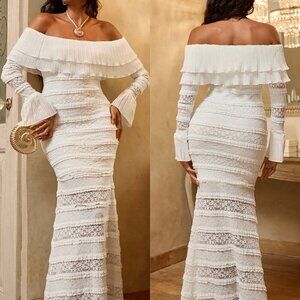White Elegant Women's Sexy Knit Lace Ruffle Trim Long Sleeve Fitted Dress